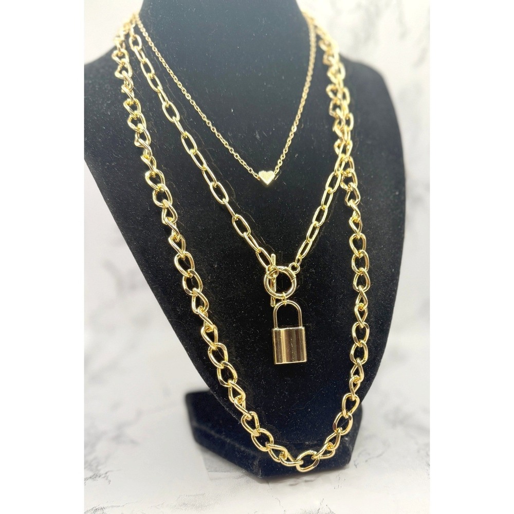 Gold Layered Chain Necklace‎ Padlock Toggle Sliding Heart 3 Strand
